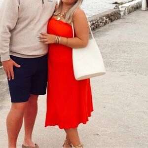 See You Monday Vibrant Orange Strapless Midi Dress